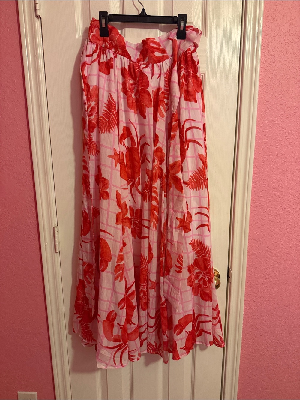 Red Floral Maxi Skirt with Elastic Waist